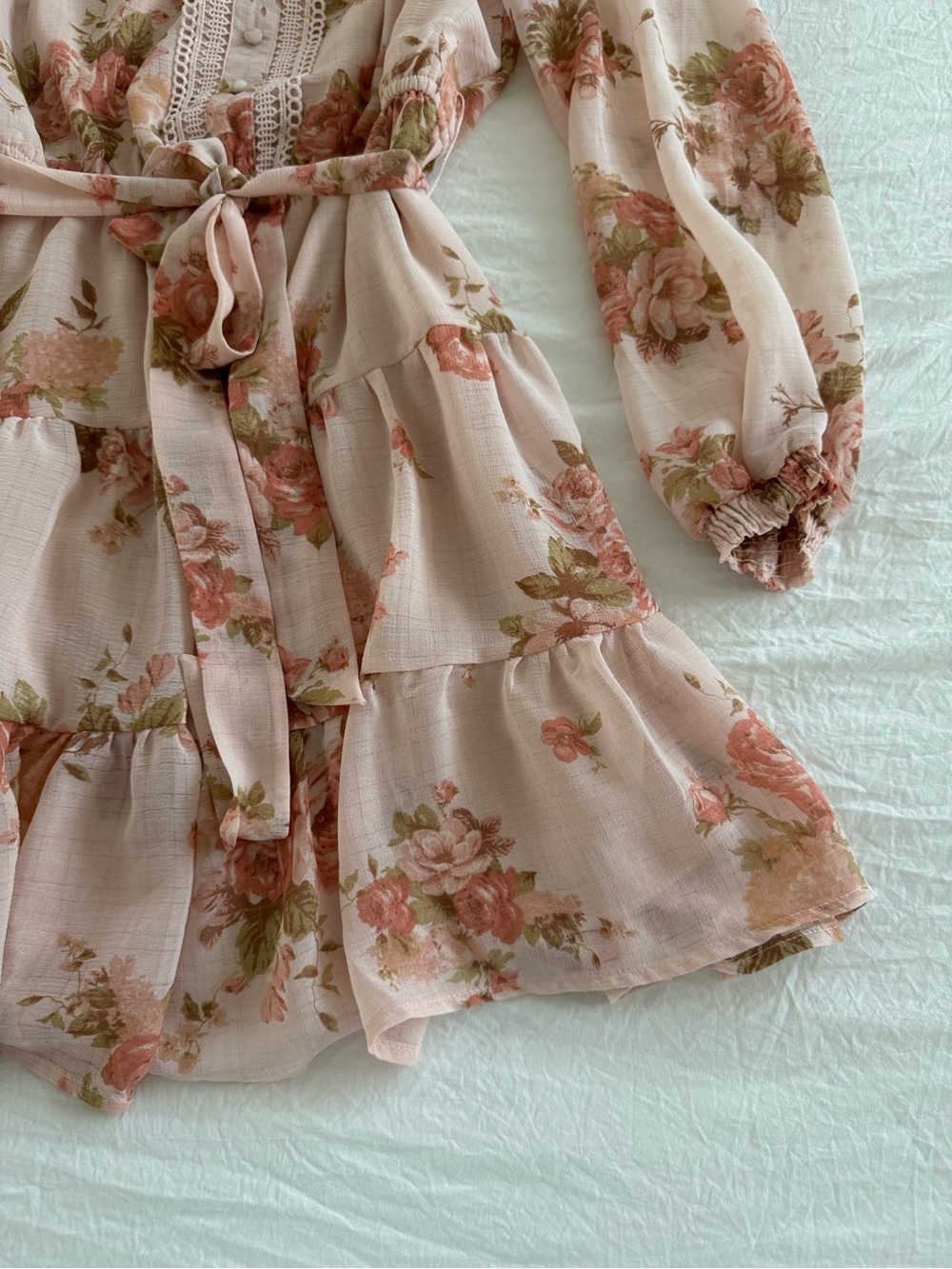 Blu Pepper Blush Floral Lace-Trim Long Sleeve Tiered Mini Dress - Picture 7 of 14